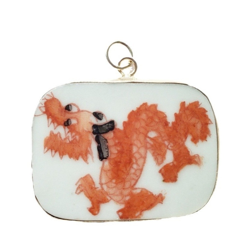 Vintage Hand Painted Orange Chinese Dragon Porcelain Pottery Shard Pendant Focal